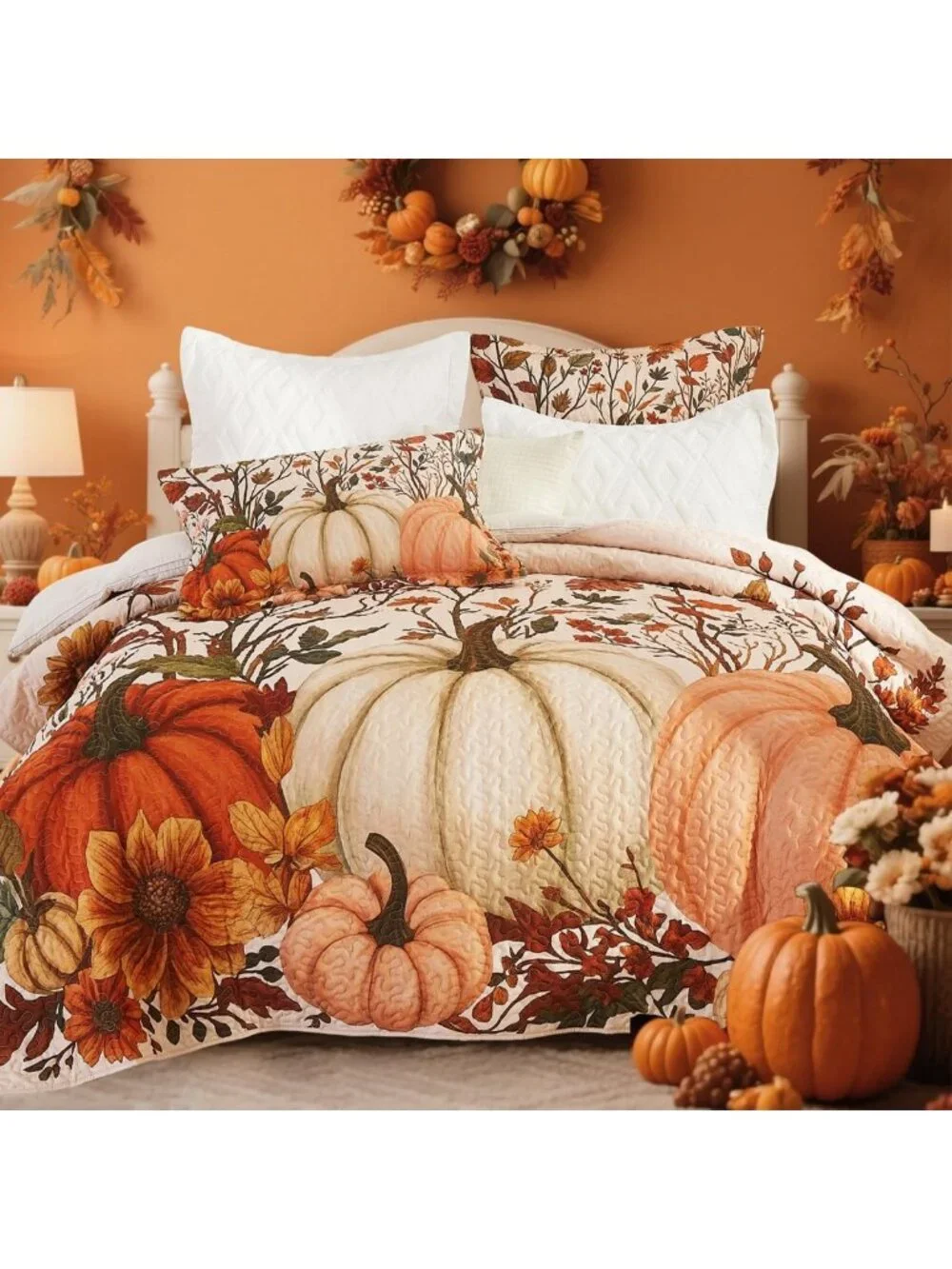 Cozy Fall Pumpkin Quilt Set - 3 Piece Queen Bedding, Reversible Coverlet & Shams